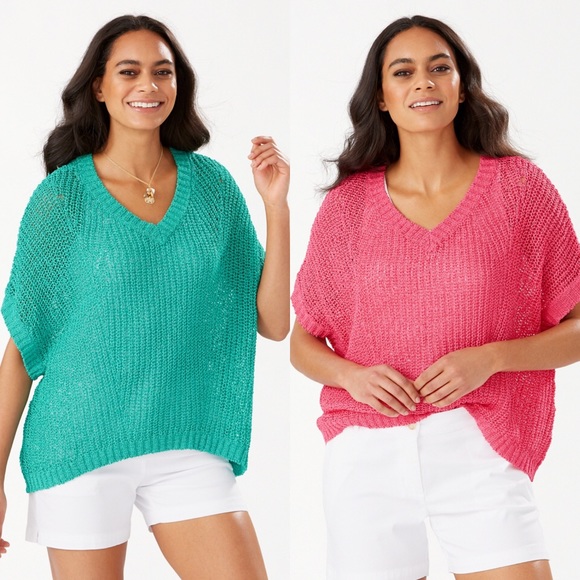 🍬 TOMMY BAHAMA AQUA ALOHA YARN VNECK LOOSE TOP! - Picture 16 of 16